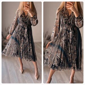 Mango Scarf Print Pleated Dress Belted New